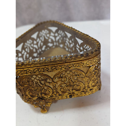 Vintage Gold-Toned Ornate Glass Jewelry Casket 5x4x3 Inches