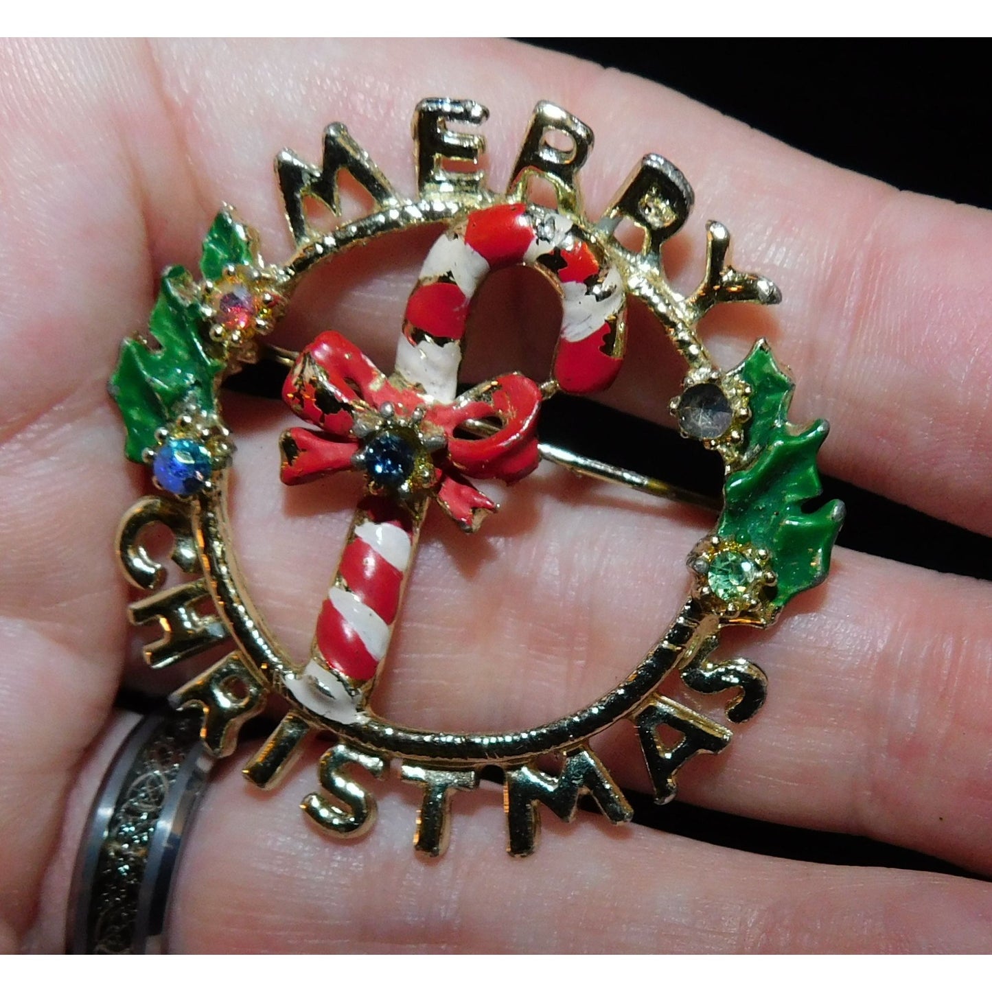 Vintage Merry Candy Cane Wreath Christmas Brooch