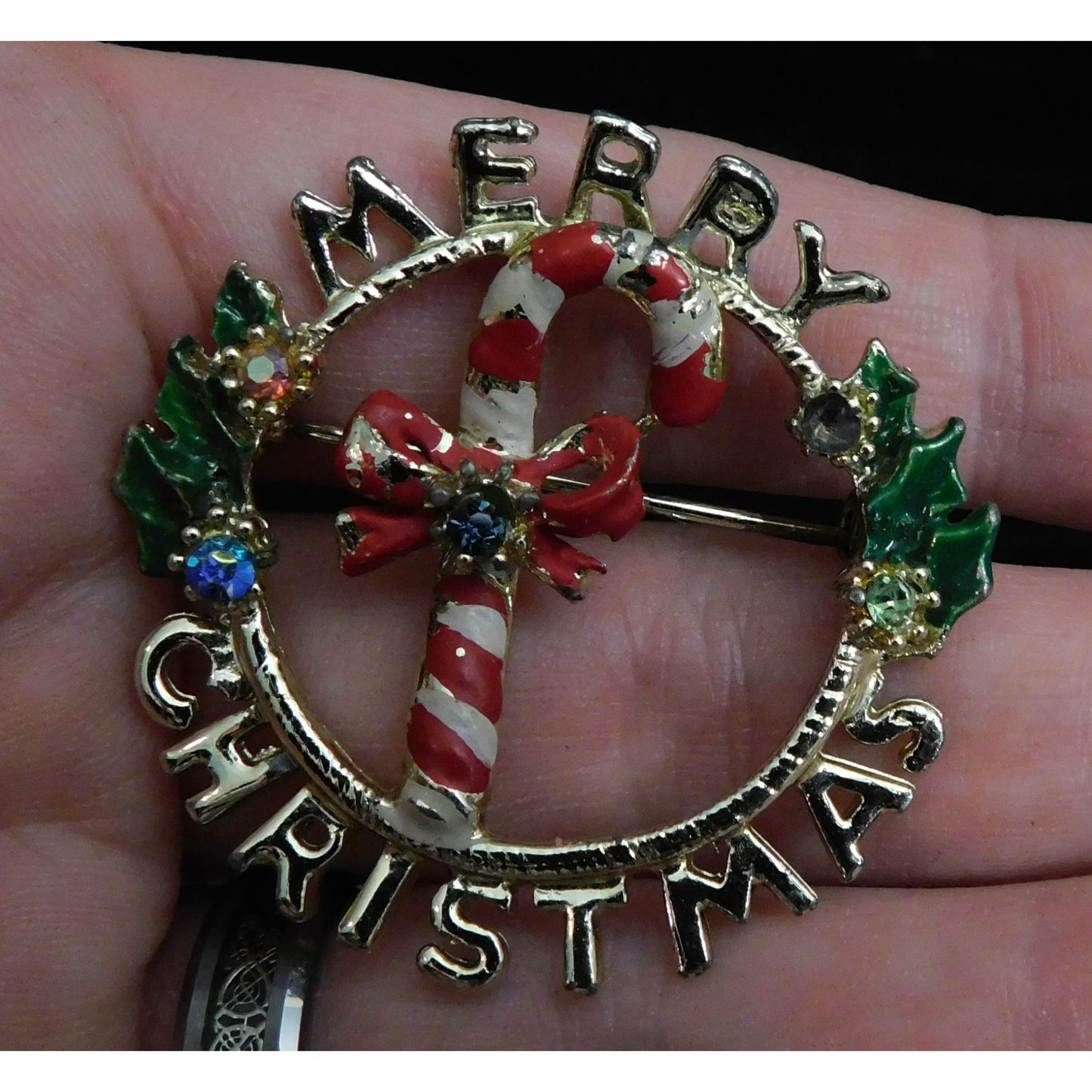 Vintage Merry Candy Cane Wreath Christmas Brooch