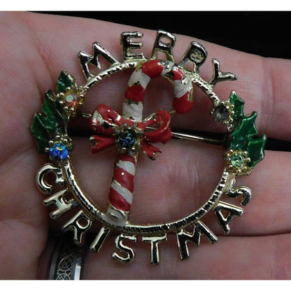 Vintage Merry Candy Cane Wreath Christmas Brooch
