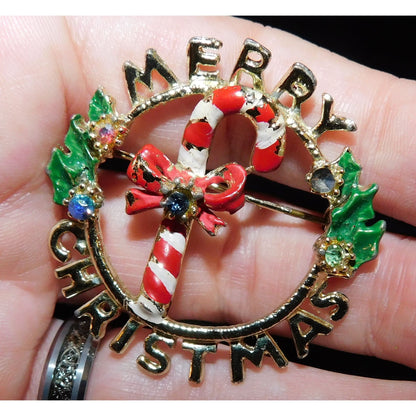 Vintage Merry Candy Cane Wreath Christmas Brooch