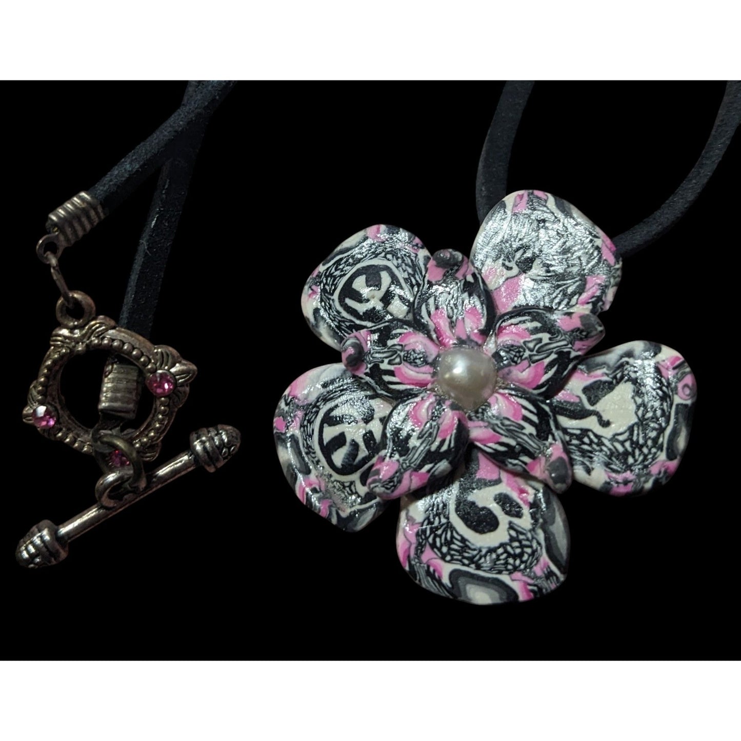 Handmade Pink White And Black Polymer Clay Floral Pendant Necklace