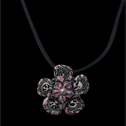 Handmade Pink White And Black Polymer Clay Floral Pendant Necklace