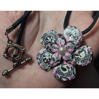 Handmade Pink White And Black Polymer Clay Floral Pendant Necklace