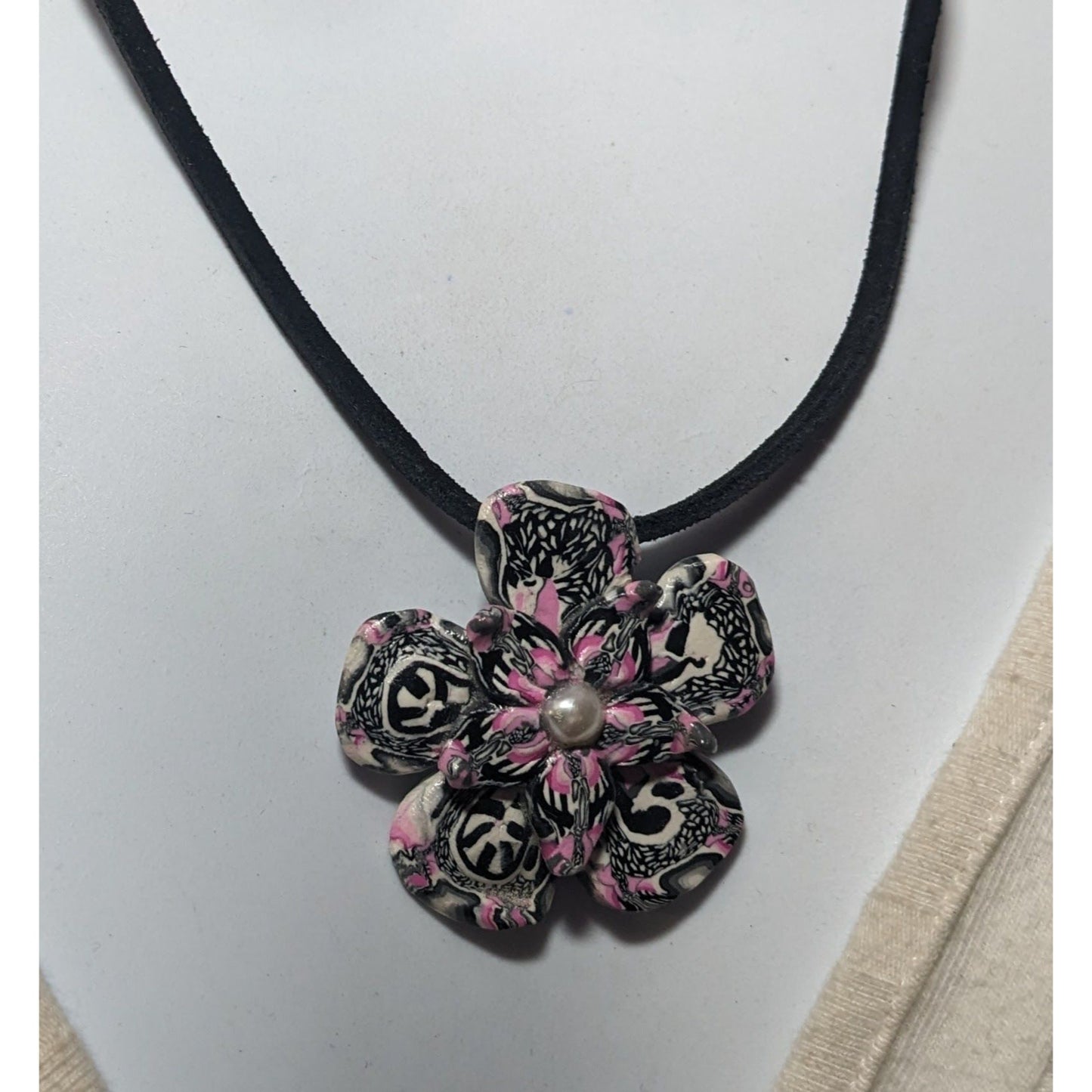 Handmade Pink White And Black Polymer Clay Floral Pendant Necklace