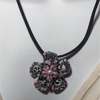 Handmade Pink White And Black Polymer Clay Floral Pendant Necklace