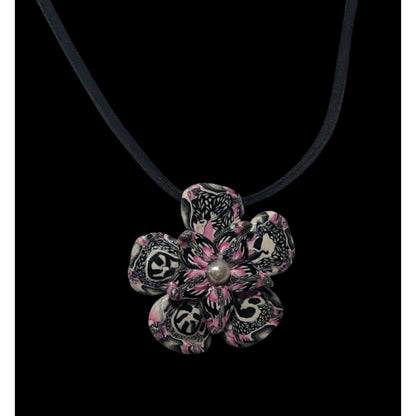 Handmade Pink White And Black Polymer Clay Floral Pendant Necklace