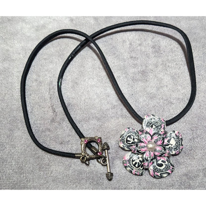 Handmade Pink White And Black Polymer Clay Floral Pendant Necklace