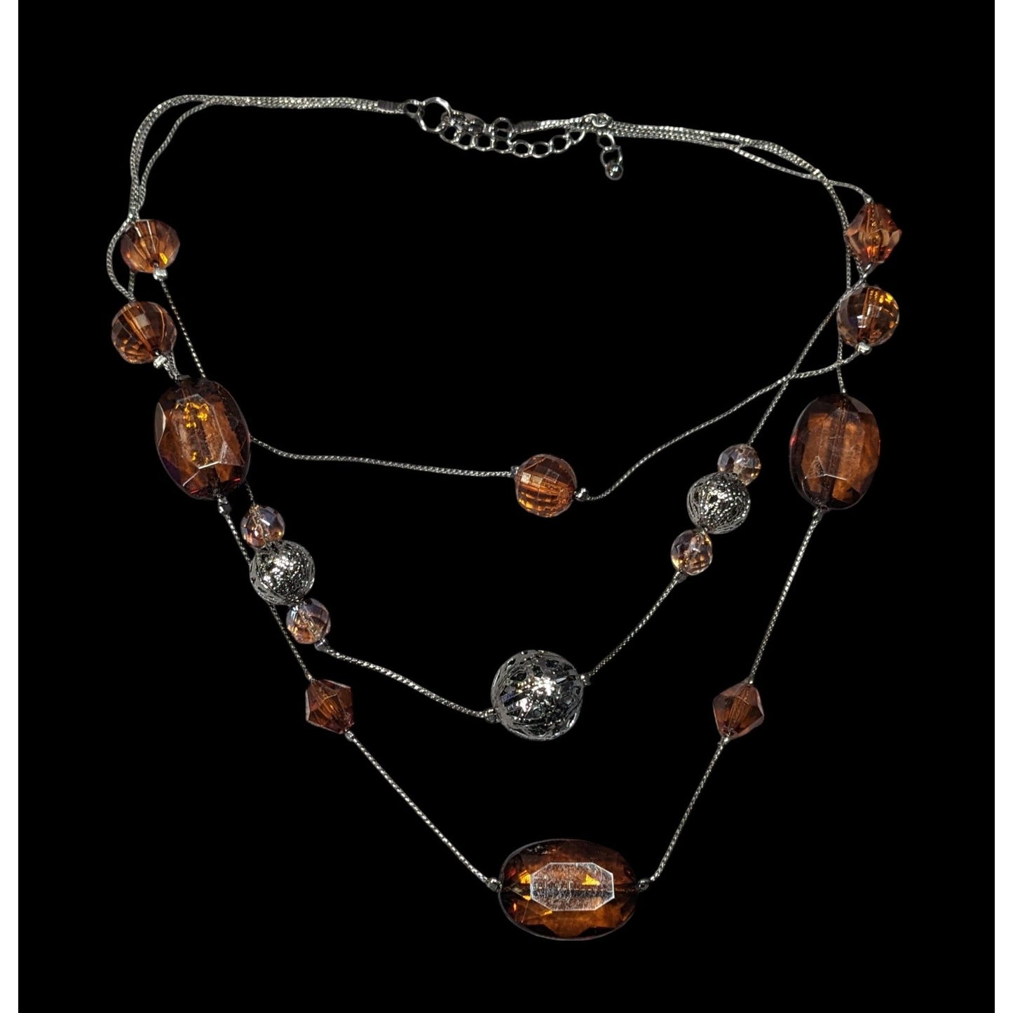 Rustic Brown Gemmed Silver Tone Accent Layered Station Necklace