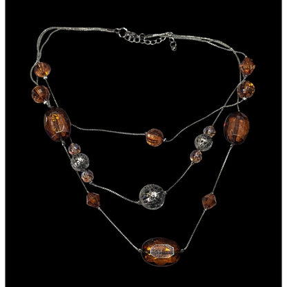 Rustic Brown Gemmed Silver Tone Accent Layered Station Necklace
