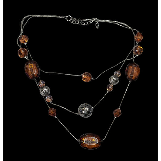 Rustic Brown Gemmed Silver Tone Accent Layered Station Necklace