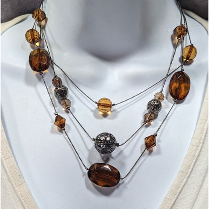 Rustic Brown Gemmed Silver Tone Accent Layered Station Necklace
