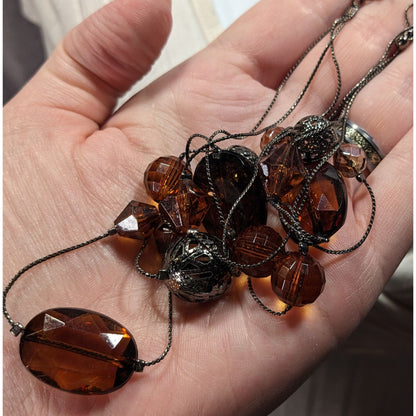 Rustic Brown Gemmed Silver Tone Accent Layered Station Necklace