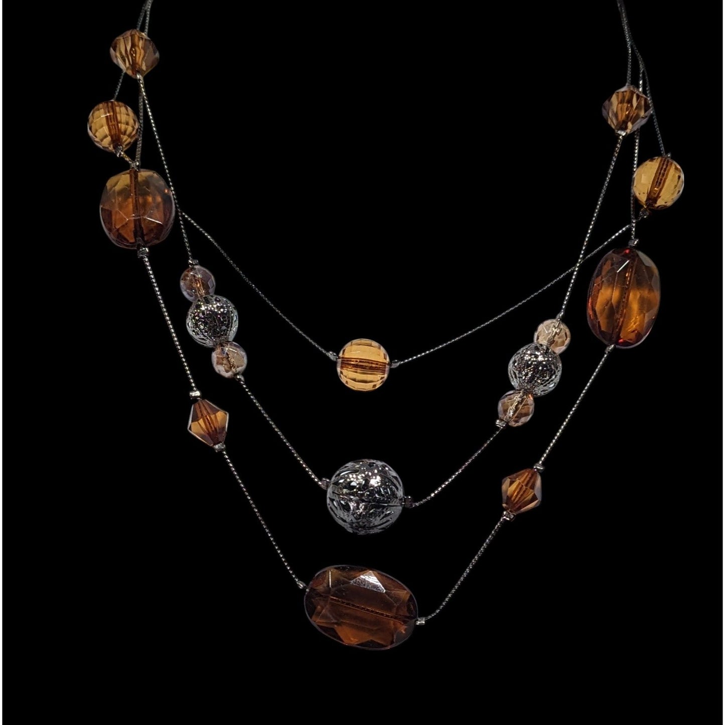 Rustic Brown Gemmed Silver Tone Accent Layered Station Necklace