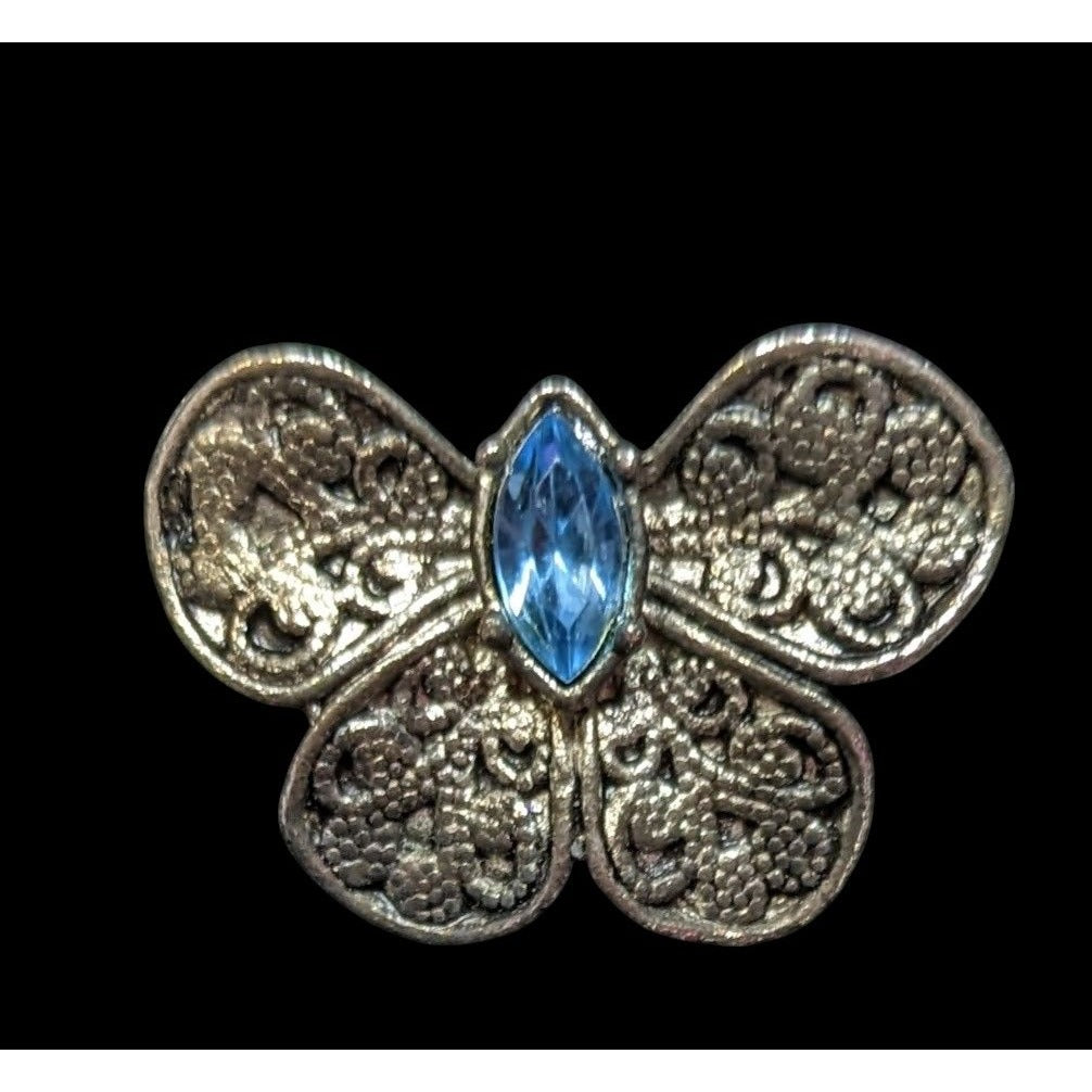 Vintage Floral Silver Tone Butterfly Brooch With Blue Gem