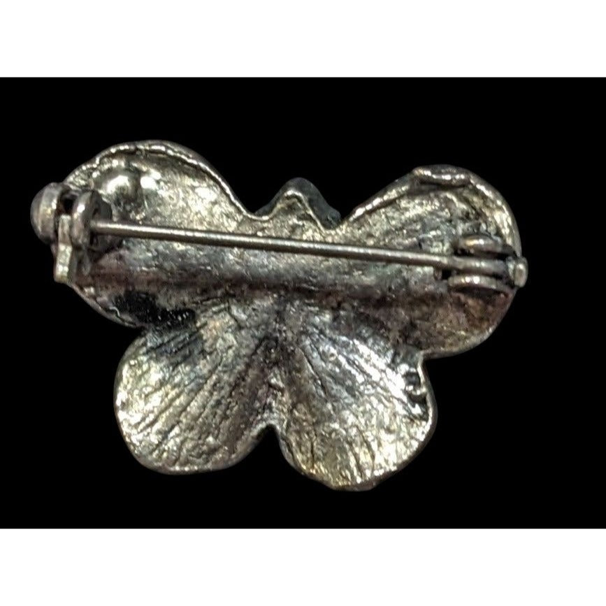 Vintage Floral Silver Tone Butterfly Brooch With Blue Gem