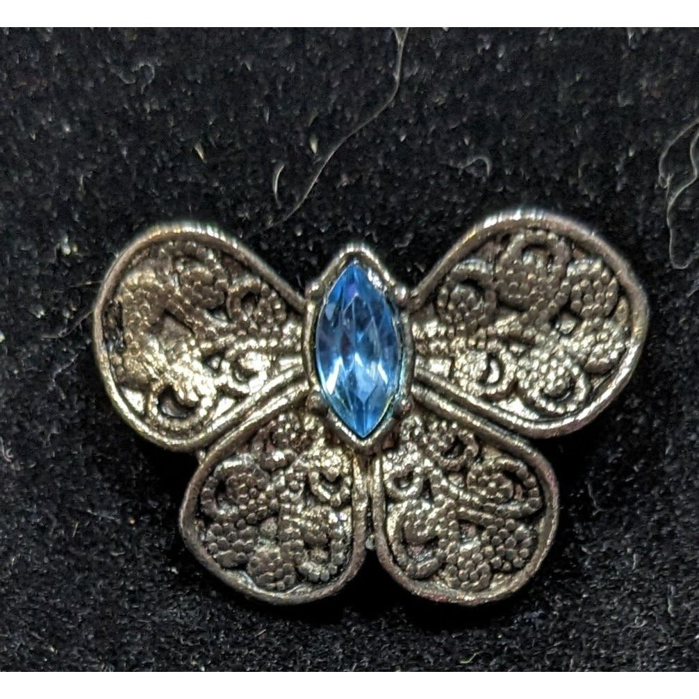 Vintage Floral Silver Tone Butterfly Brooch With Blue Gem