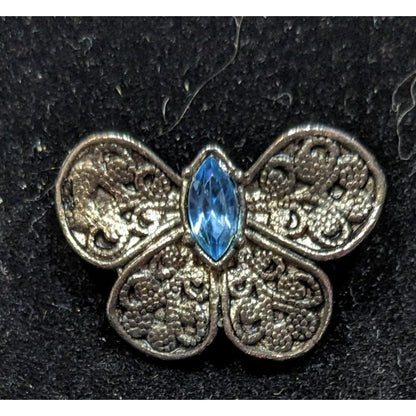 Vintage Floral Silver Tone Butterfly Brooch With Blue Gem
