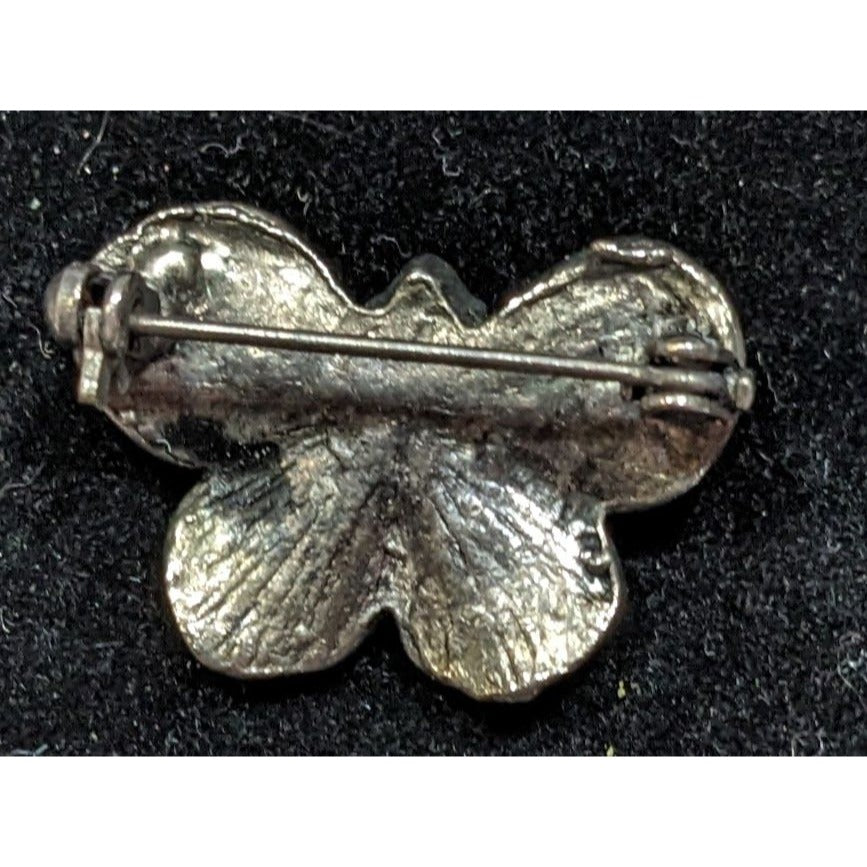 Vintage Floral Silver Tone Butterfly Brooch With Blue Gem