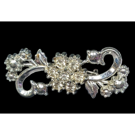Vintage 50s Floral Swirl Silver Tone Brooch With Rhinestone Accents