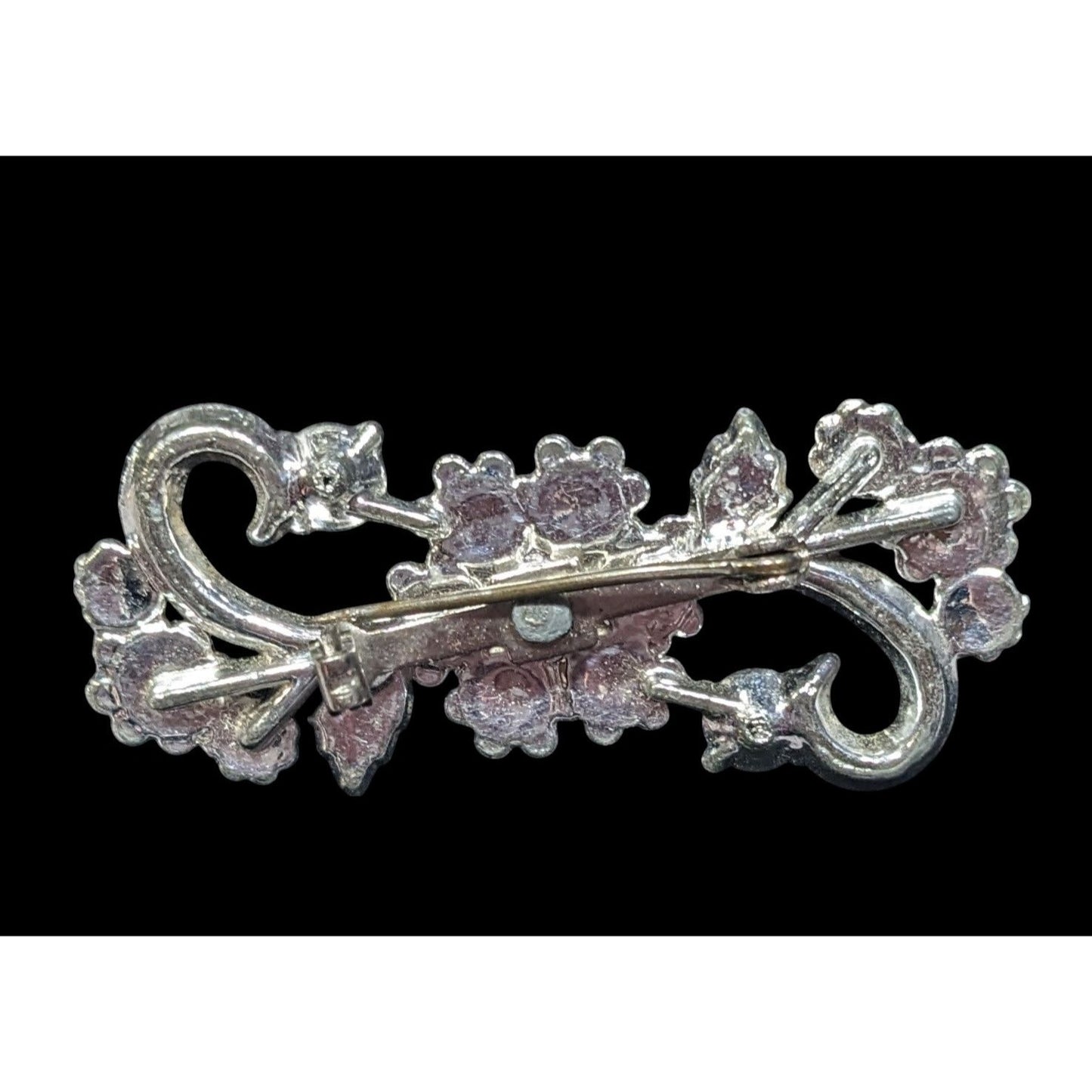 Vintage 50s Floral Swirl Silver Tone Brooch With Rhinestone Accents