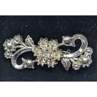 Vintage 50s Floral Swirl Silver Tone Brooch With Rhinestone Accents