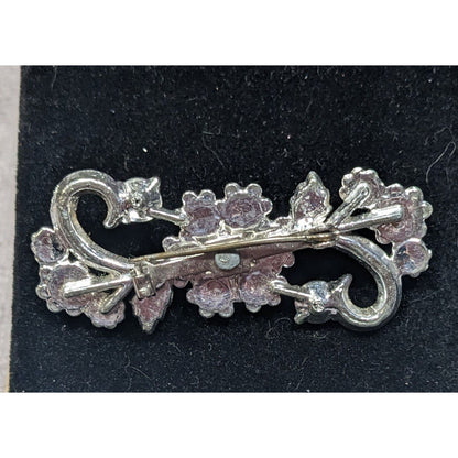 Vintage 50s Floral Swirl Silver Tone Brooch With Rhinestone Accents