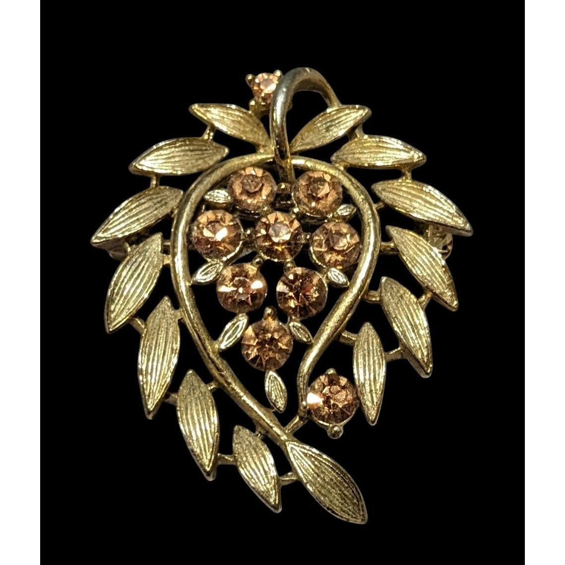 Vintage Lisner Gold Tone Rhinestone Floral Leaf Brooch