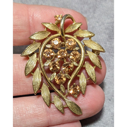 Vintage Lisner Gold Tone Rhinestone Floral Leaf Brooch