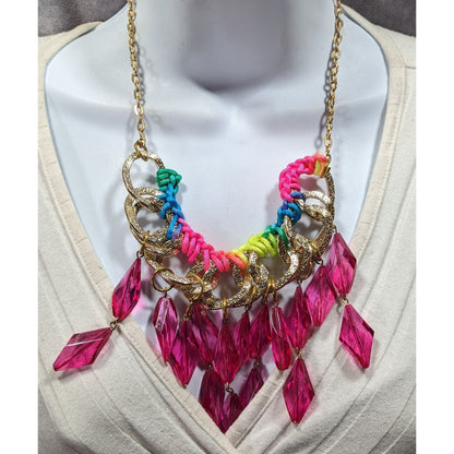 Neon Rainbow Glam Gem Fringe Statement Necklace