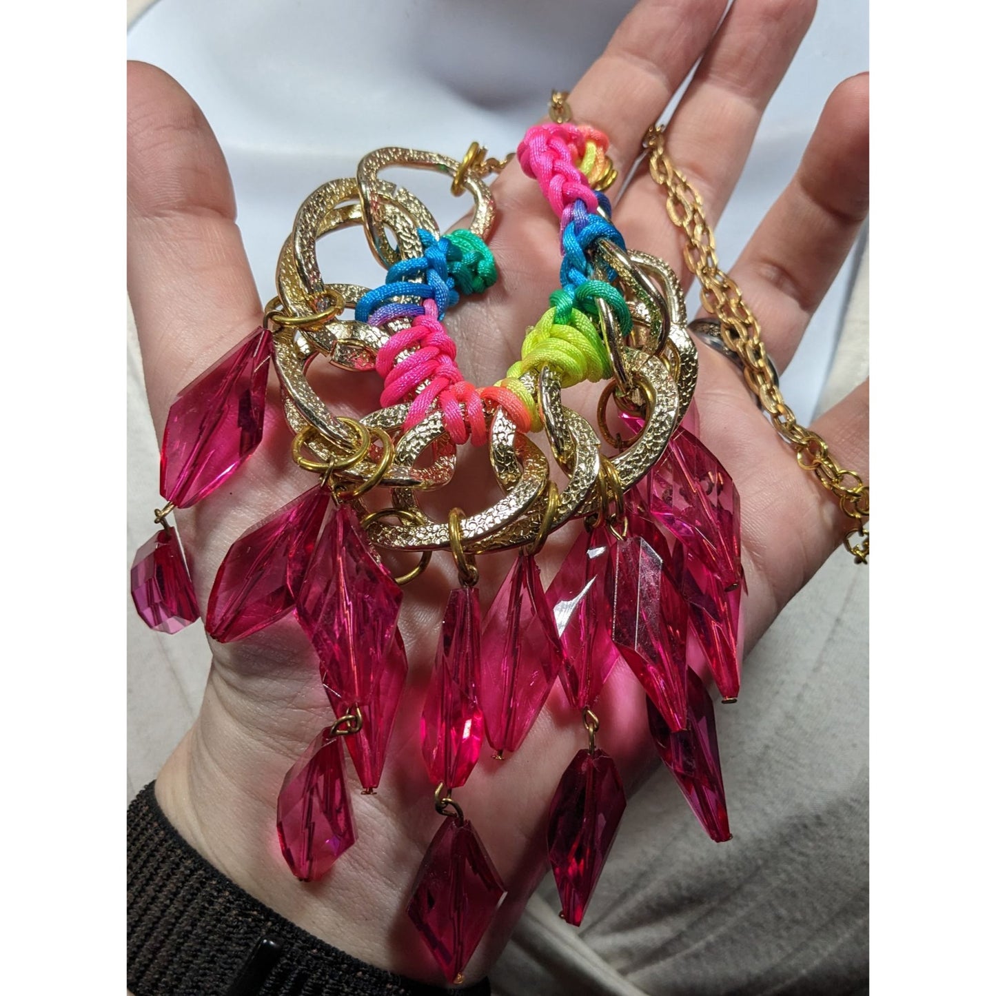 Neon Rainbow Glam Gem Fringe Statement Necklace