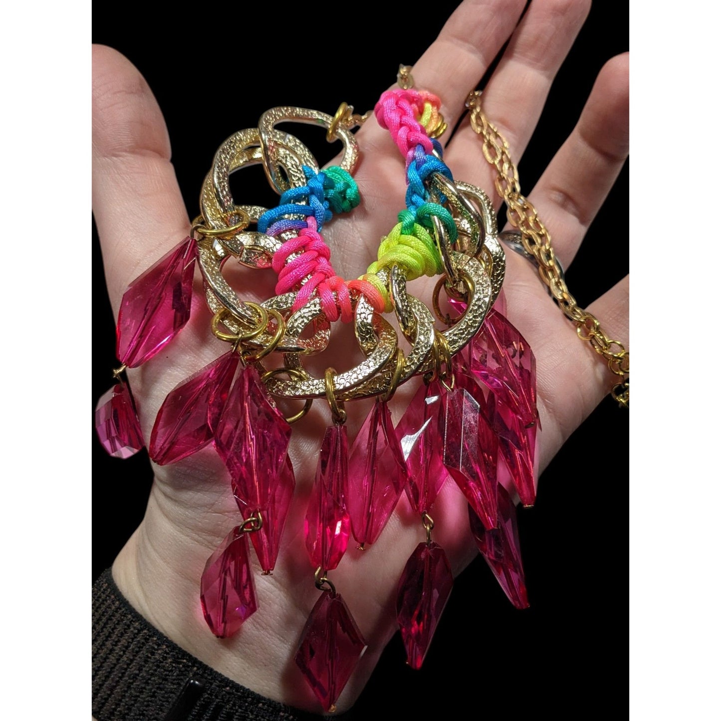 Neon Rainbow Glam Gem Fringe Statement Necklace