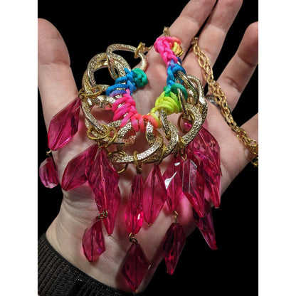 Neon Rainbow Glam Gem Fringe Statement Necklace