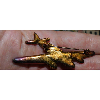 Vintage Anodized Airplane Brooch With Rhinestone Accents