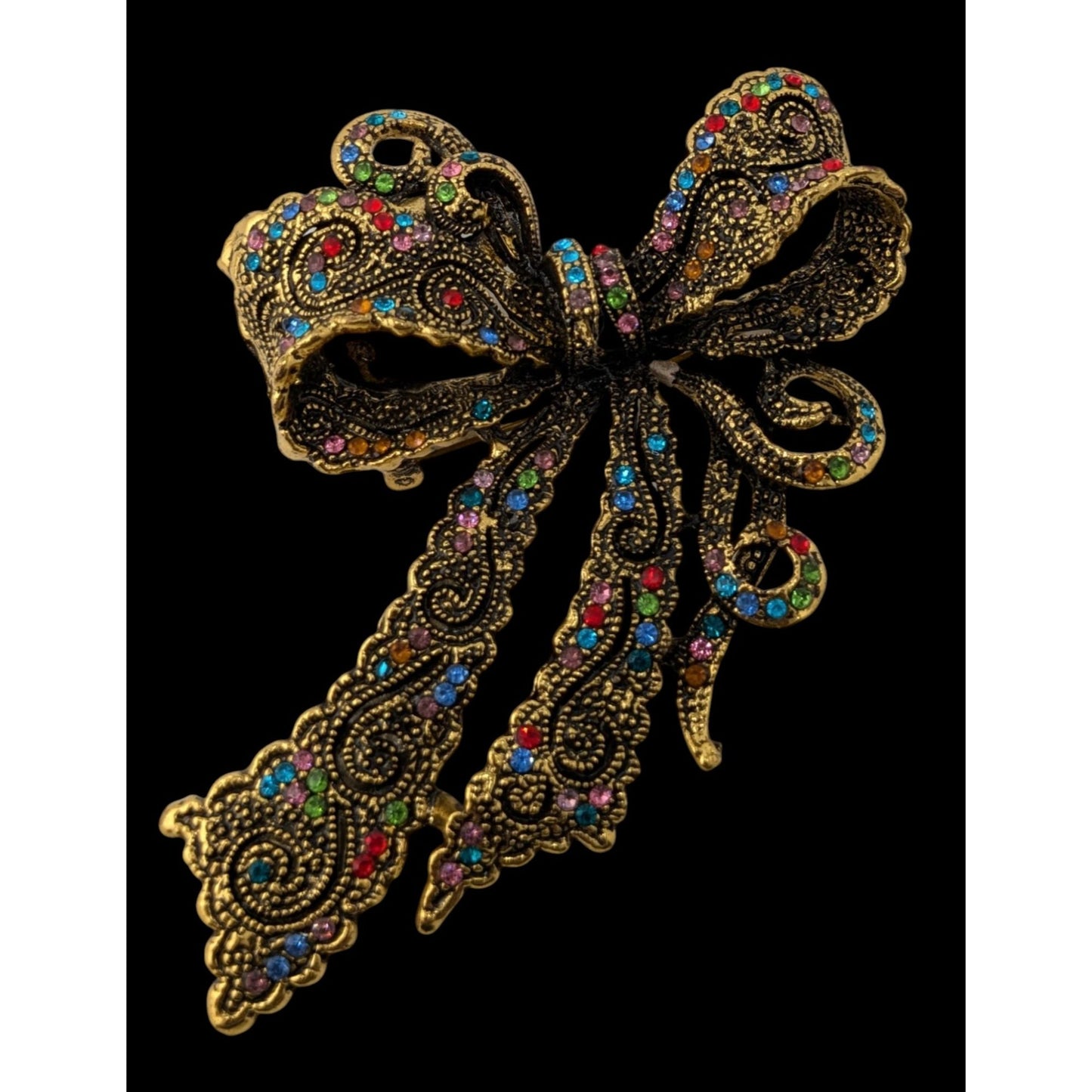 Coquette Fantasy Rainbow Rhinestone Bow Brooch With Gold Tone Metal