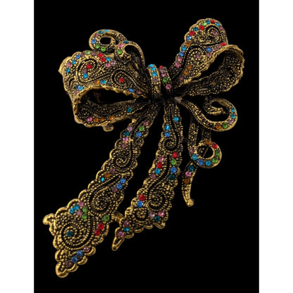 Coquette Fantasy Rainbow Rhinestone Bow Brooch With Gold Tone Metal