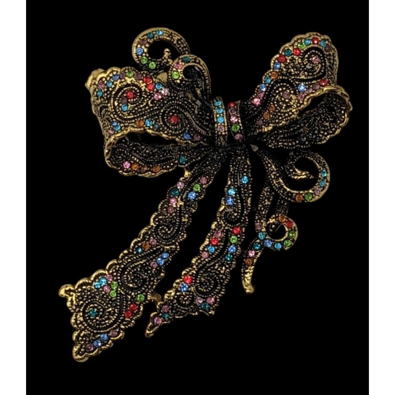 Coquette Fantasy Rainbow Rhinestone Bow Brooch With Gold Tone Metal