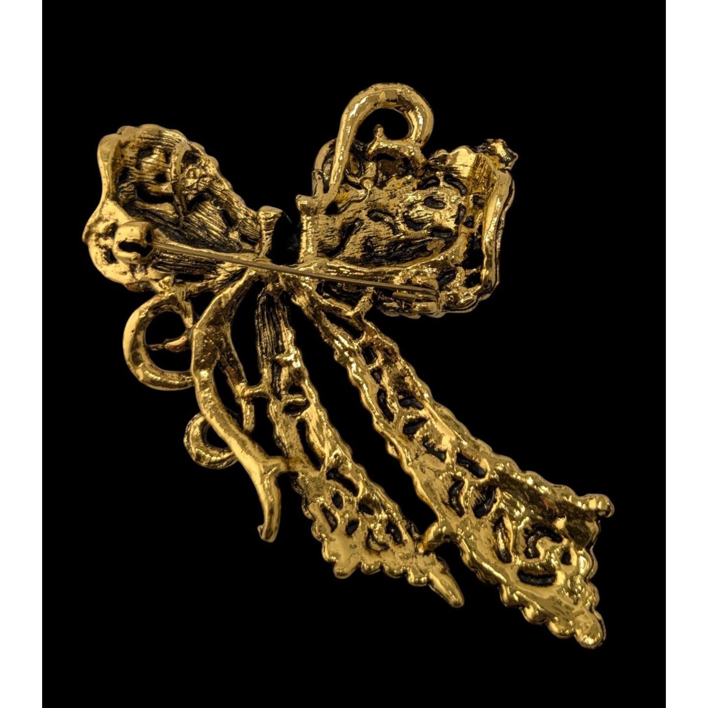 Coquette Fantasy Rainbow Rhinestone Bow Brooch With Gold Tone Metal