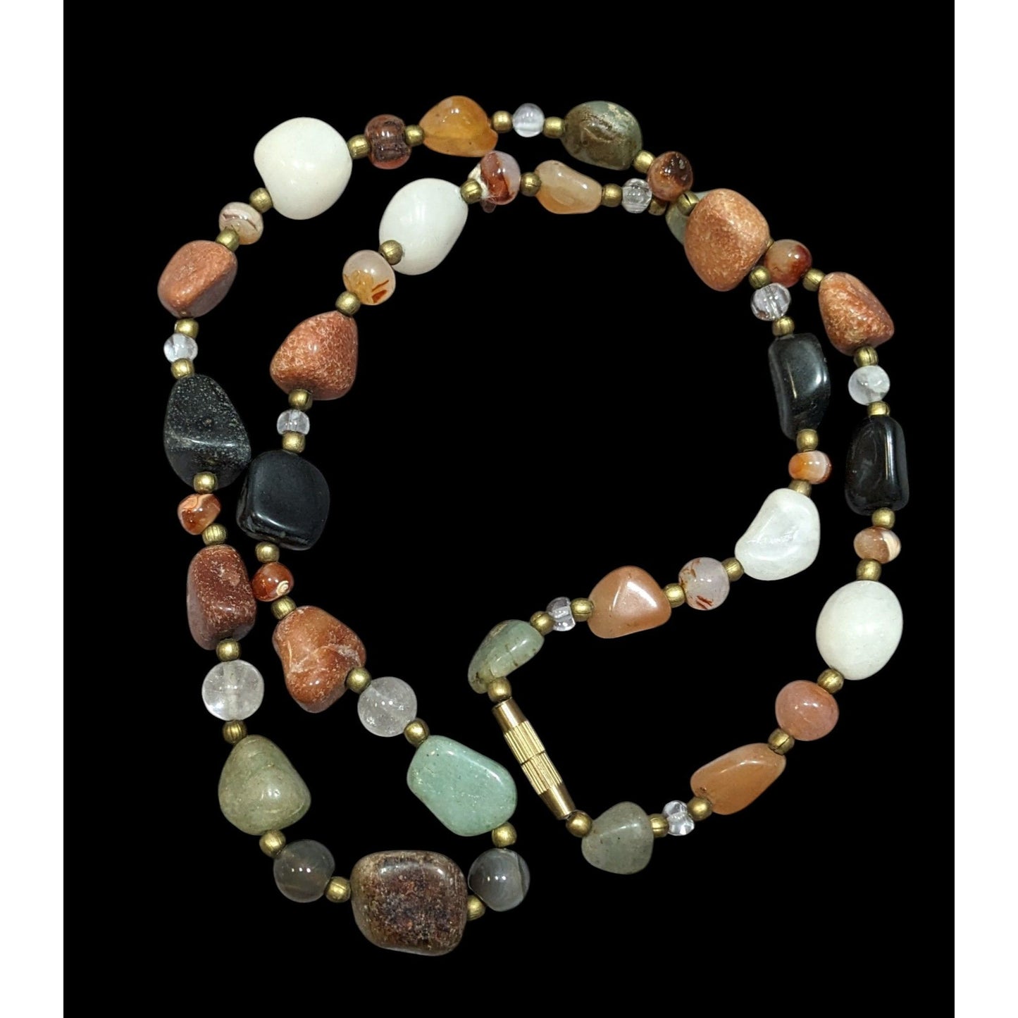 Vintage Beggar's Bead Necklace Genuine Polished Gemstones With Gold Tone Accents