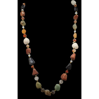 Vintage Beggar's Bead Necklace Genuine Polished Gemstones With Gold Tone Accents