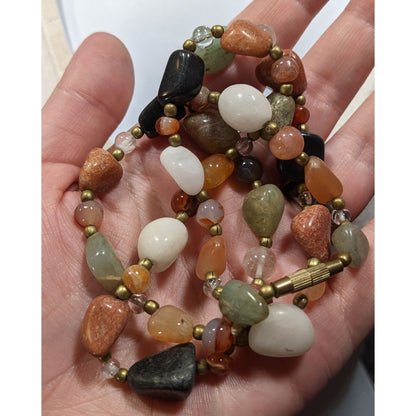 Vintage Beggar's Bead Necklace Genuine Polished Gemstones With Gold Tone Accents