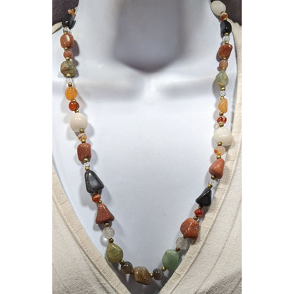 Vintage Beggar's Bead Necklace Genuine Polished Gemstones With Gold Tone Accents