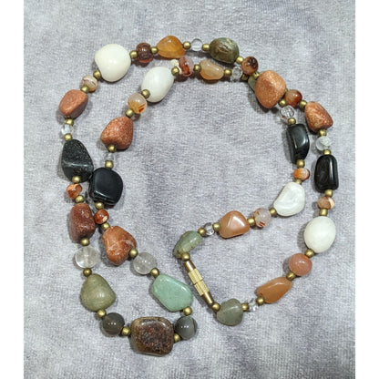 Vintage Beggar's Bead Necklace Genuine Polished Gemstones With Gold Tone Accents