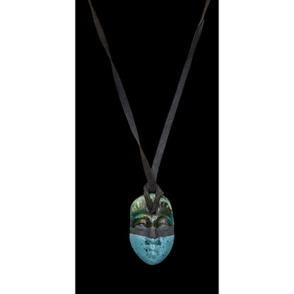 Boho Handmade Ceramic Face Pendant Necklace Turquoise Brown Suede Cord Artisan Statement Jewelry