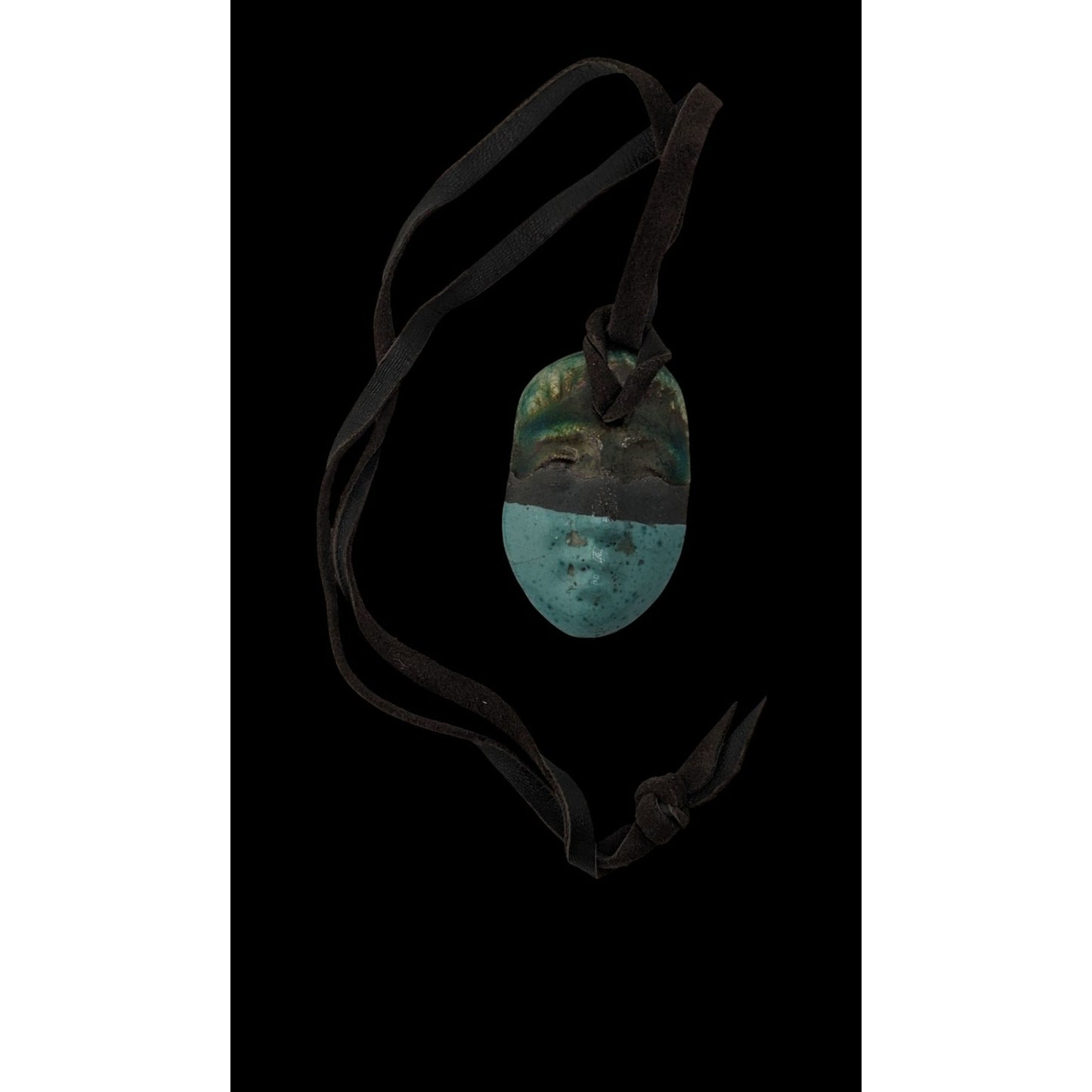 Boho Handmade Ceramic Face Pendant Necklace Turquoise Brown Suede Cord Artisan Statement Jewelry