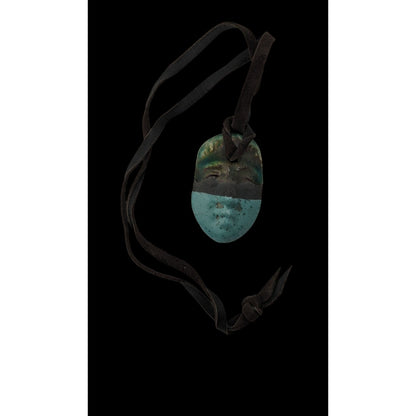 Boho Handmade Ceramic Face Pendant Necklace Turquoise Brown Suede Cord Artisan Statement Jewelry