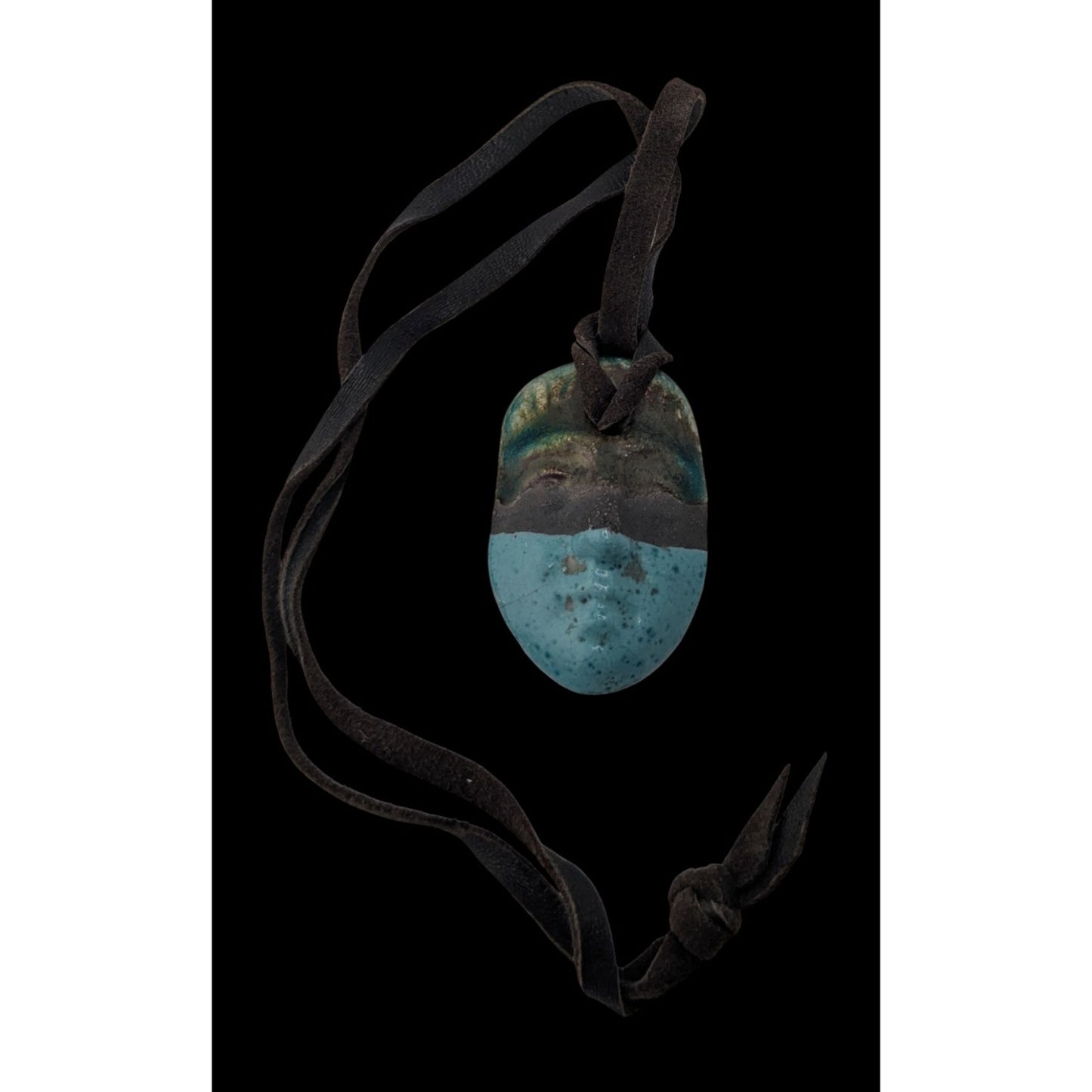 Boho Handmade Ceramic Face Pendant Necklace Turquoise Brown Suede Cord Artisan Statement Jewelry