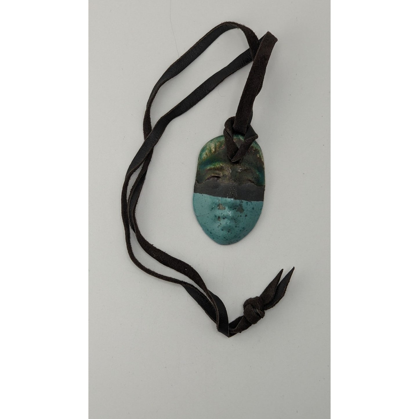 Boho Handmade Ceramic Face Pendant Necklace Turquoise Brown Suede Cord Artisan Statement Jewelry