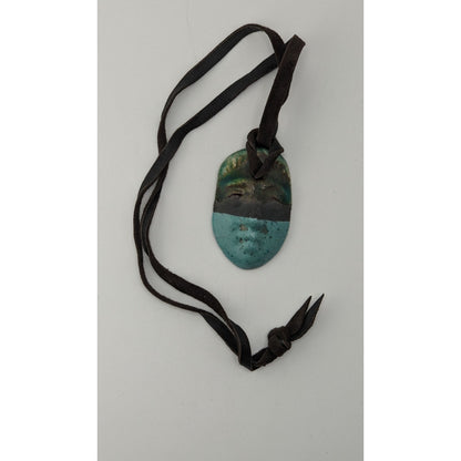 Boho Handmade Ceramic Face Pendant Necklace Turquoise Brown Suede Cord Artisan Statement Jewelry