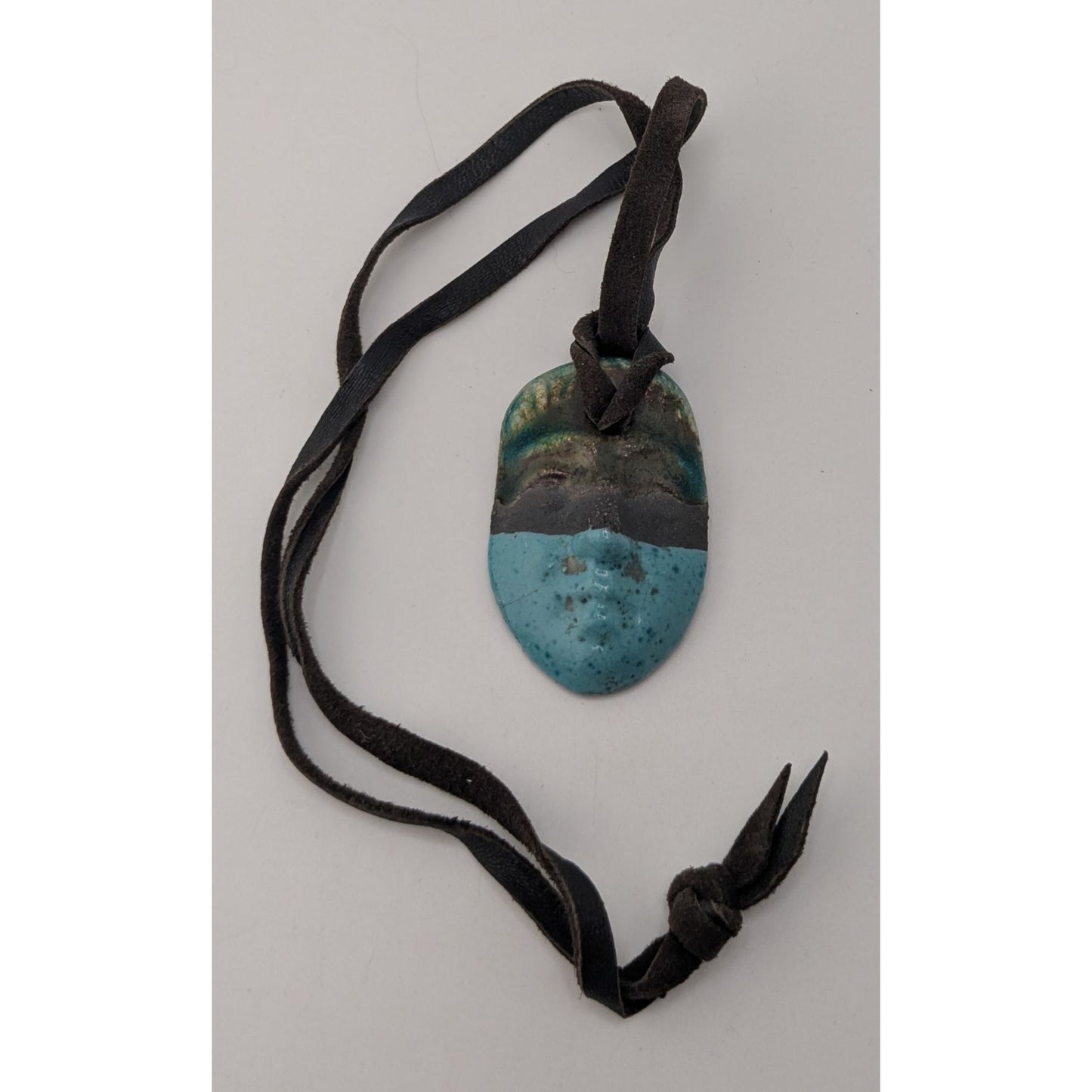 Boho Handmade Ceramic Face Pendant Necklace Turquoise Brown Suede Cord Artisan Statement Jewelry